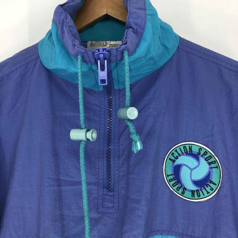 Vintage 80's Action Sport Teal & Purple Men's Anorak Windbreaker Jacket Size Med